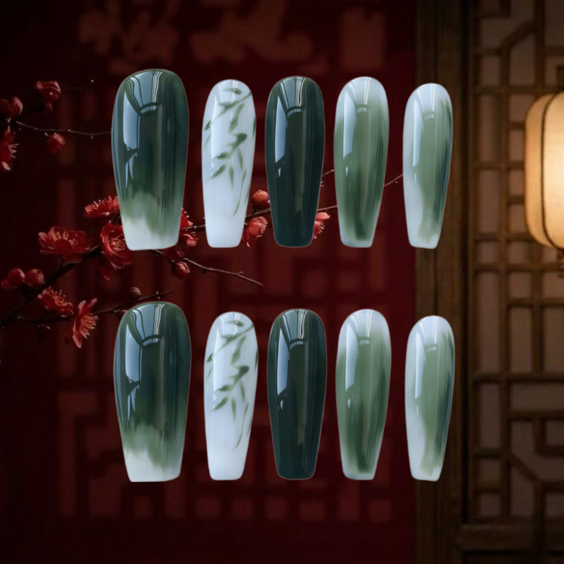 Set of green and white nail art designs against a warm-toned background with cherry blossoms.