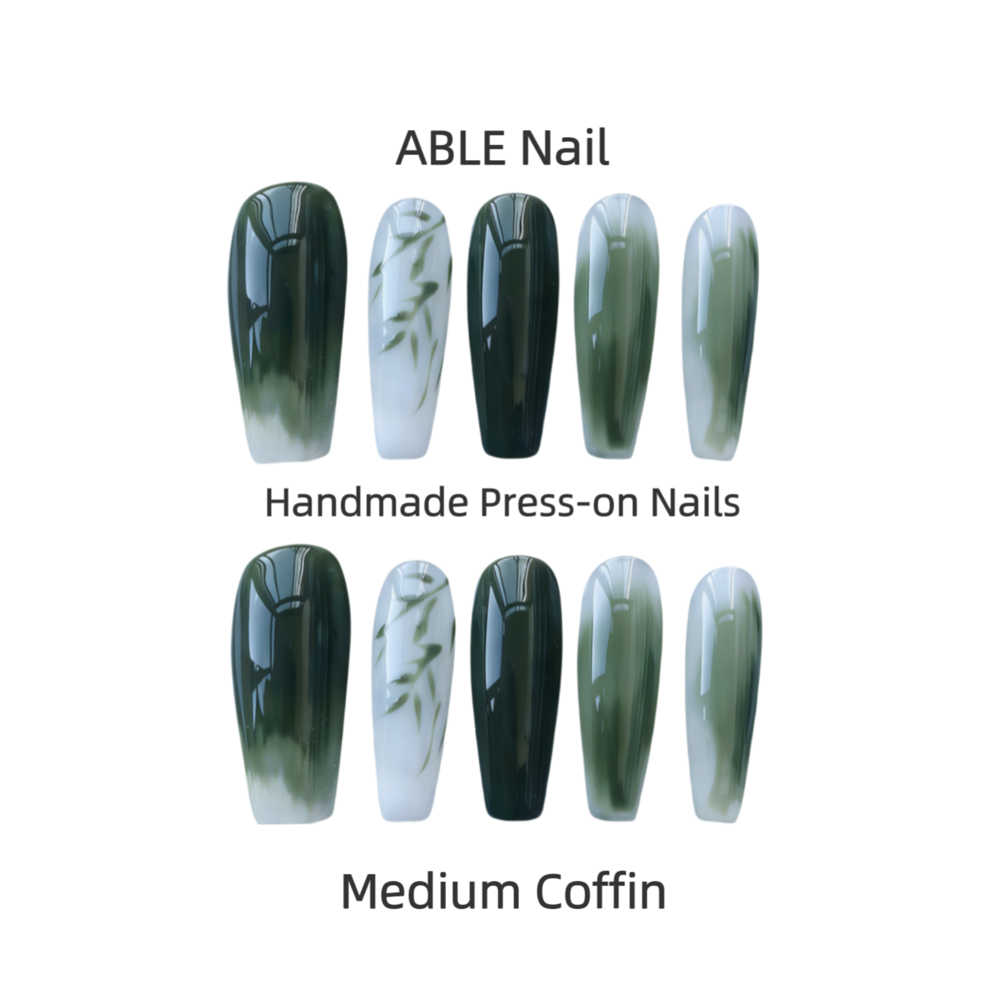 Set of ABLE Nail press-on nails in medium coffin shape with gradient design.