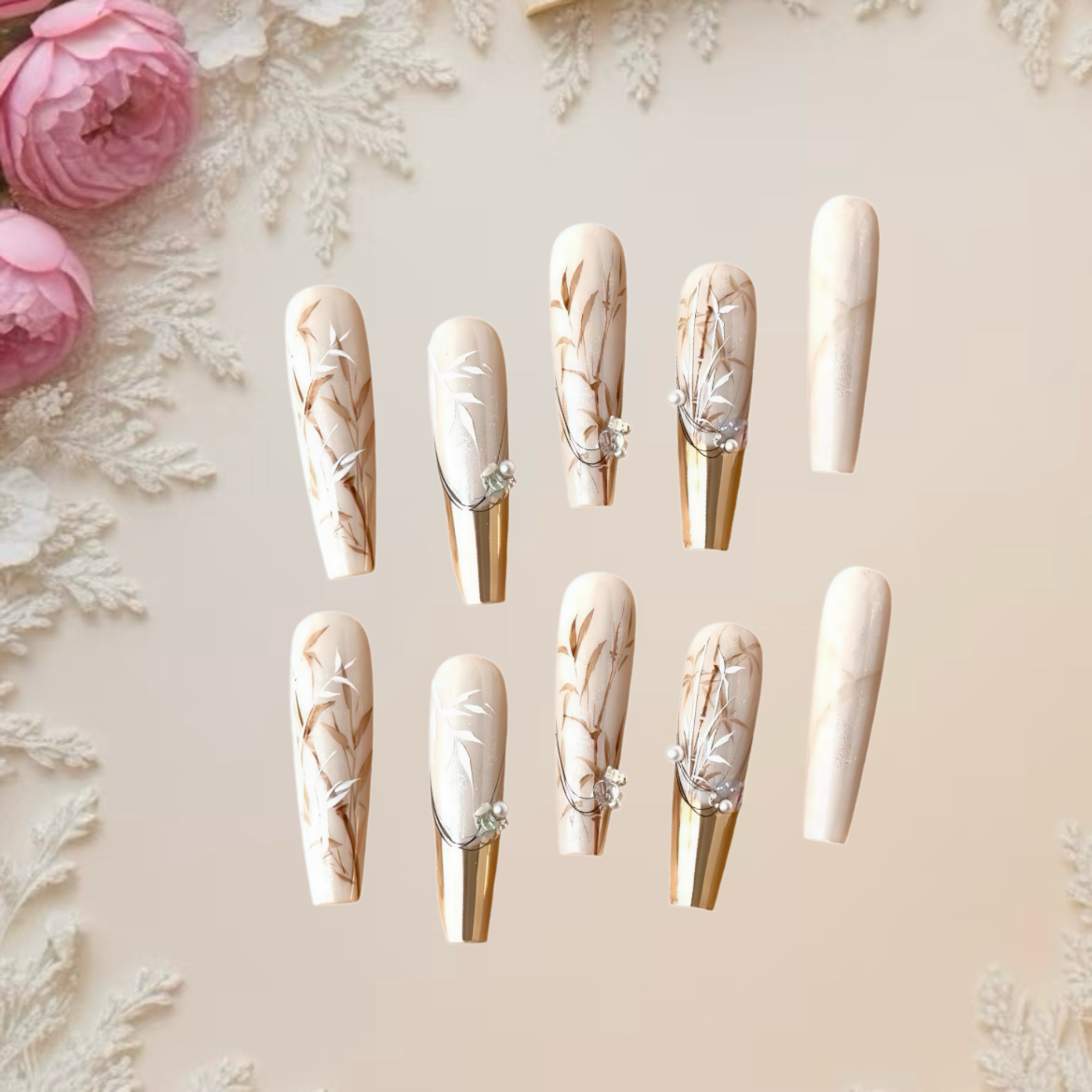 Set of decorative nail art on a beige background with floral elements