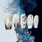 Set of five decorative nails with a marble design on a textured blue and white background