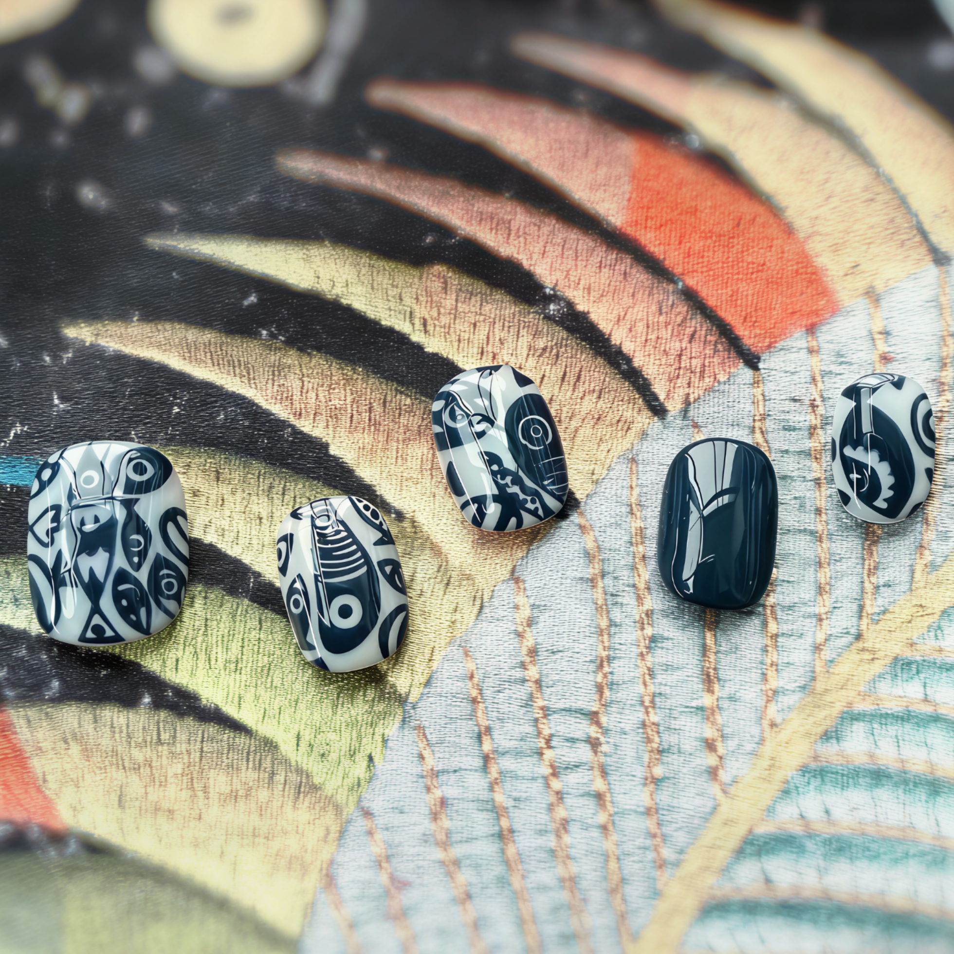 Black and white patterned earrings on a colorful leaf-like background