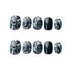 Set of black and white nail art designs on a white background