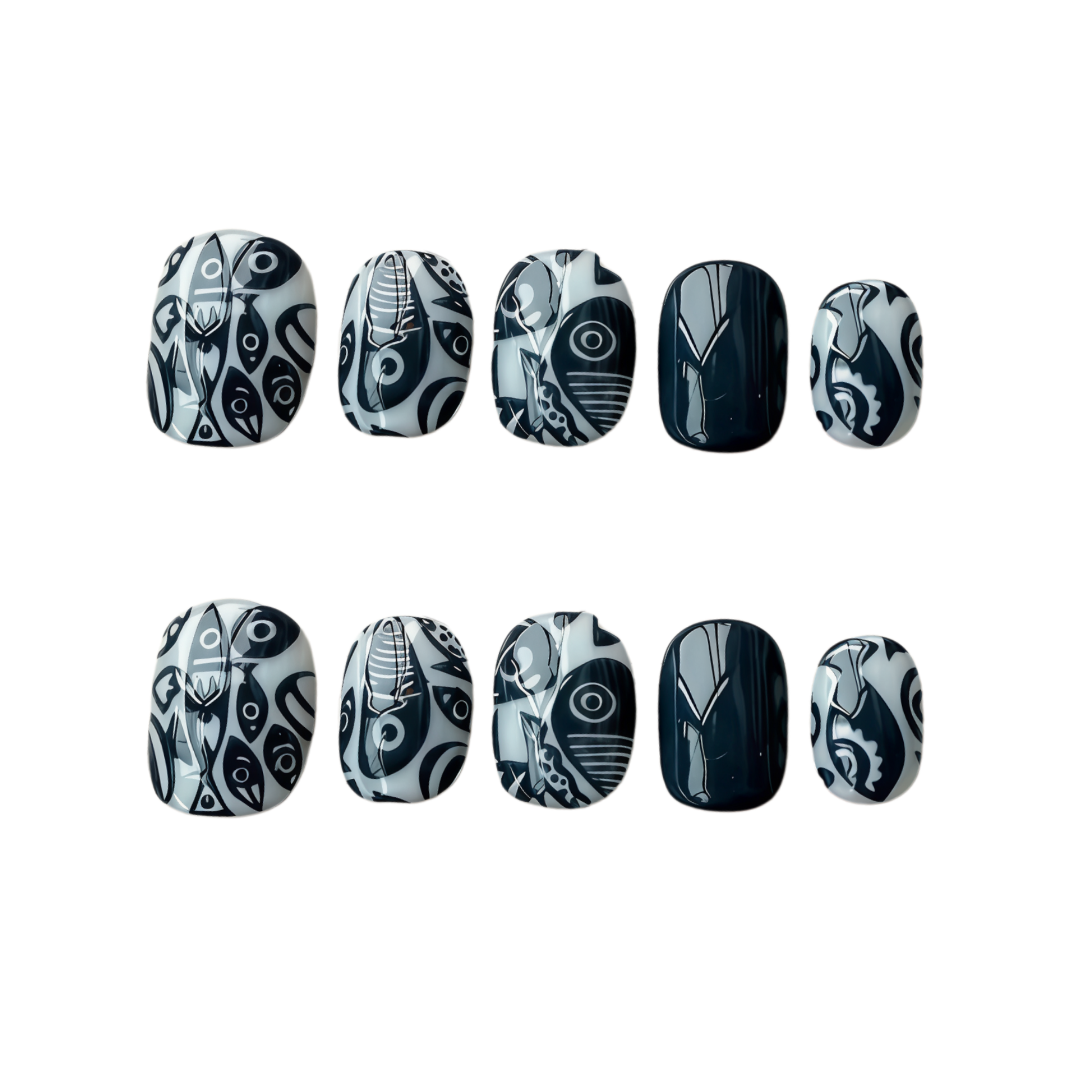 Set of black and white nail art designs on a white background