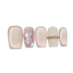 Set of five nail designs on a white background