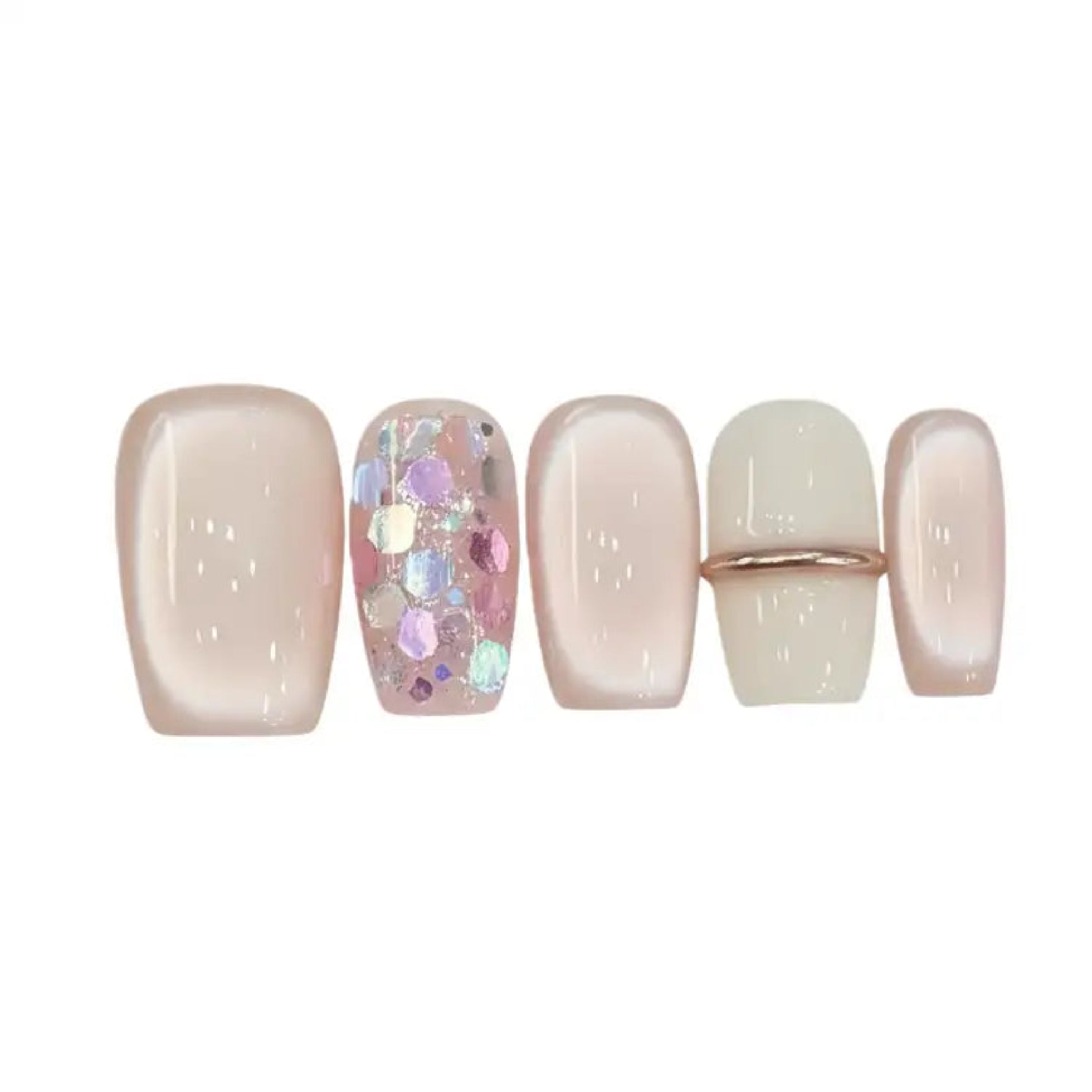 Set of five nail designs on a white background