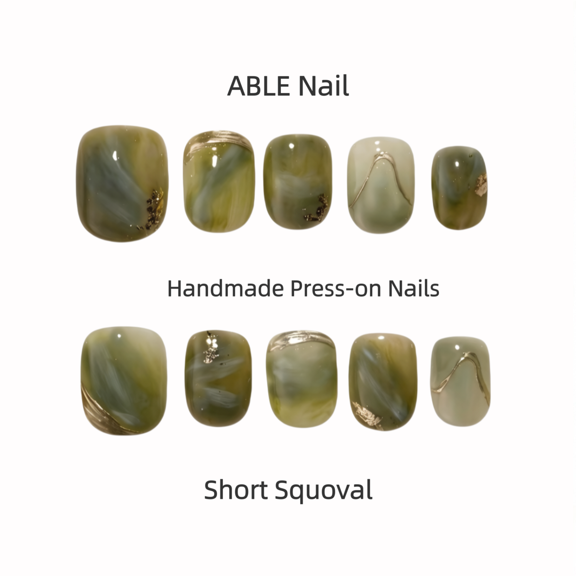 Set of handmade press-on nails labeled 'ABLE Nail' with a short squoval design.