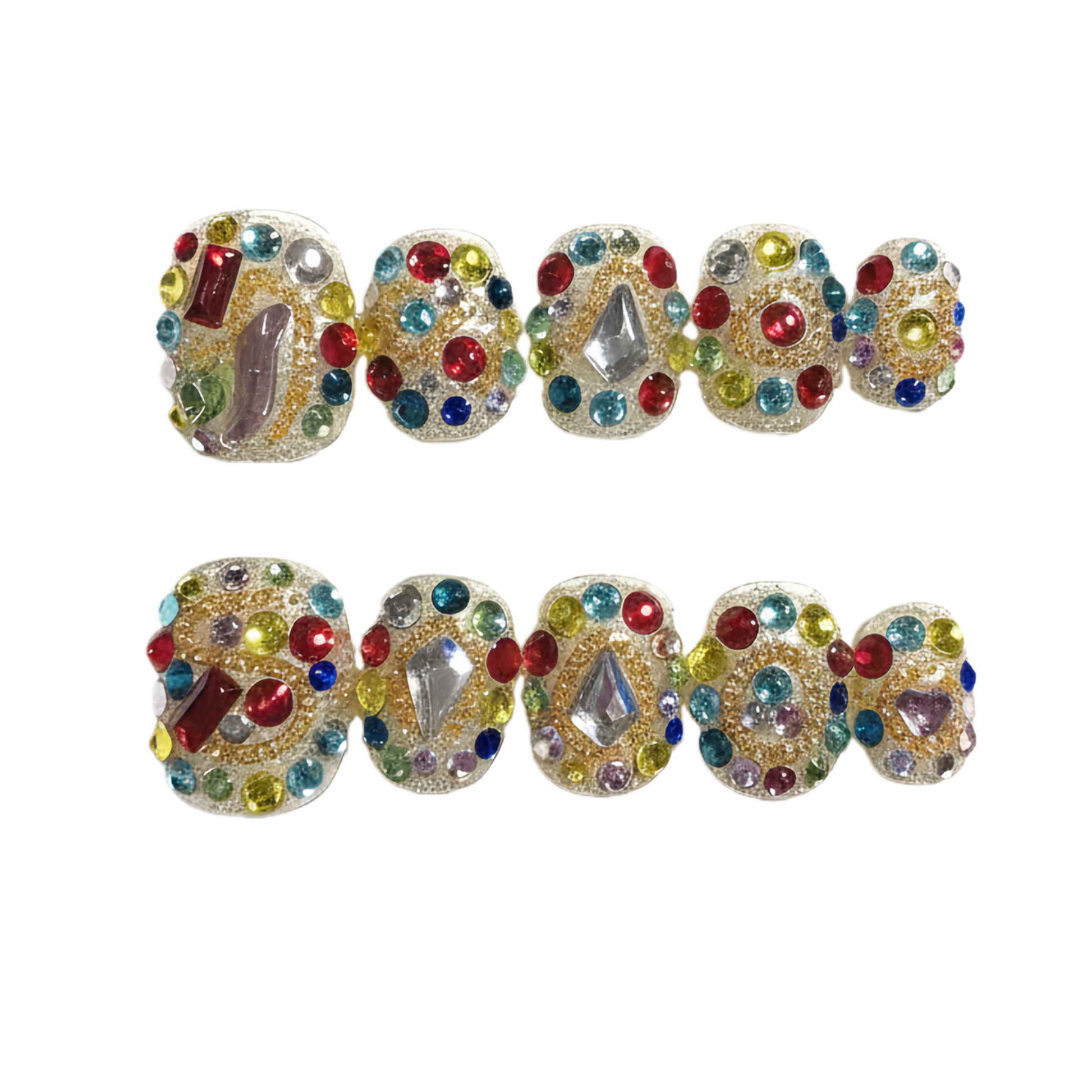 Colorful rhinestone jewelry set on a white background