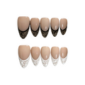 Set of beige nail extensions with black and white lace designs on a white background