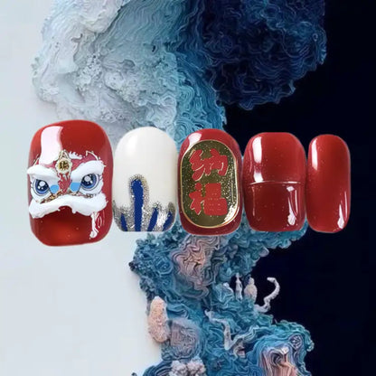 Nail art with traditional Chinese design on a textured blue and white background