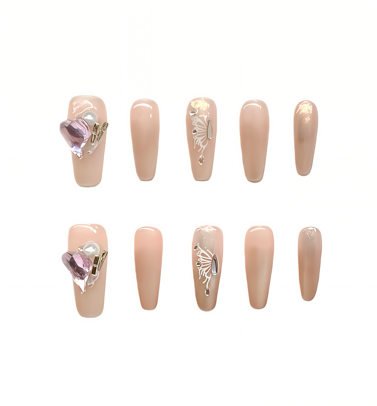 Luxury 3D Crystal Heart Nude Press On Nails | Elegant Pearl & Metallic Accent False Nails