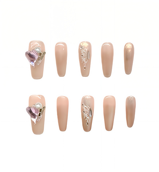 Luxury 3D Crystal Heart Nude Press On Nails | Elegant Pearl & Metallic Accent False Nails