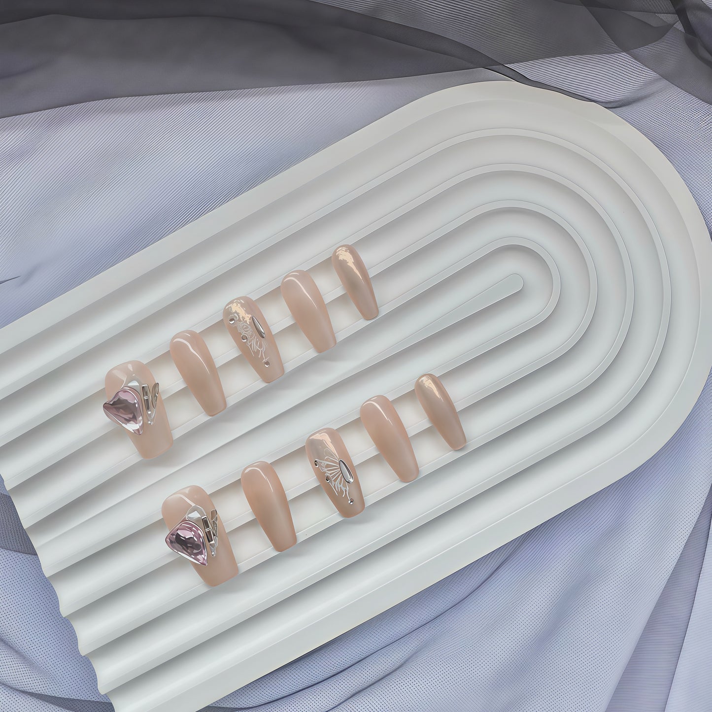 Luxury 3D Crystal Heart Nude Press On Nails | Elegant Pearl & Metallic Accent False Nails