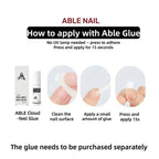 Instructions on how to apply Able Nail glue with product packaging and steps illustrated.