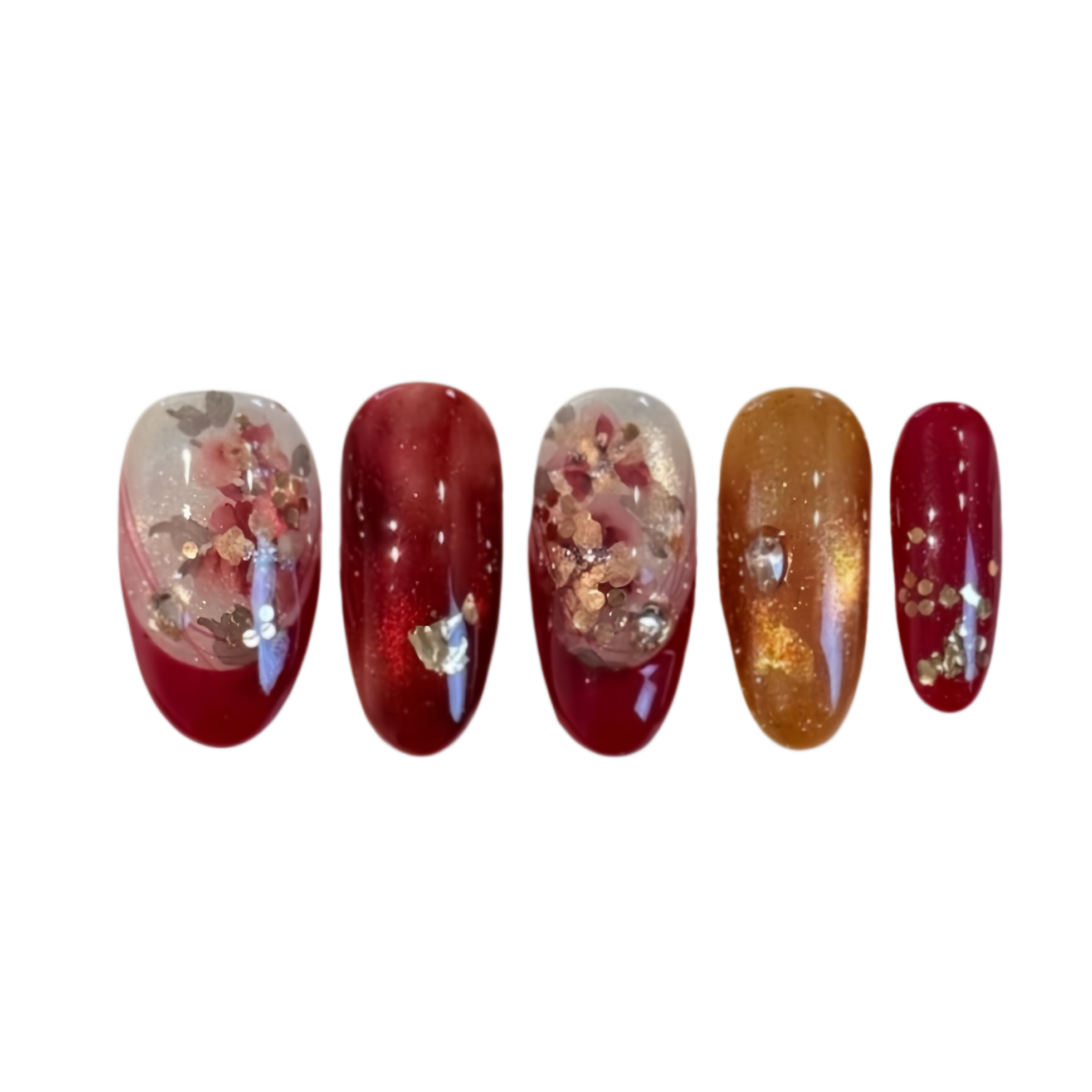 Set of five nail art designs with red, gold, and clear colors on a white background