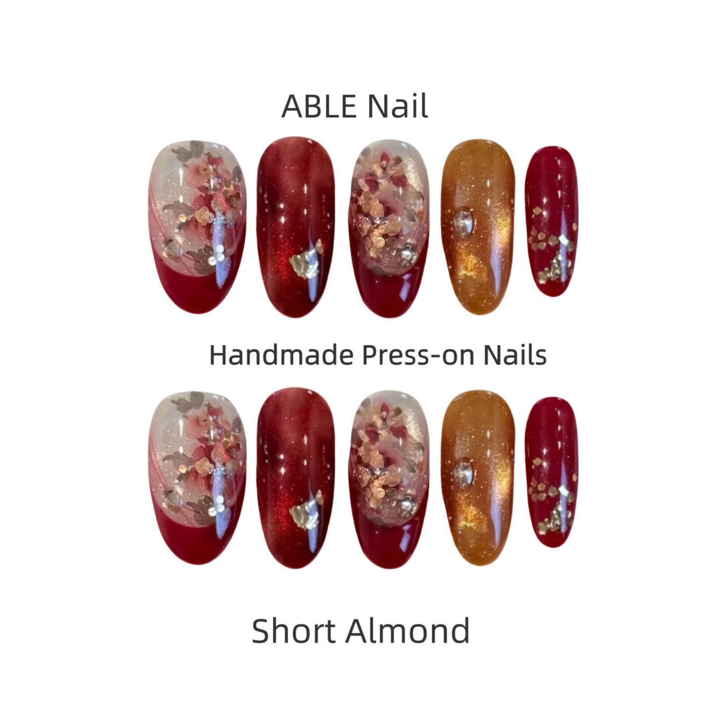 Set of handmade press-on nails with ABLE Nail branding on a white background.