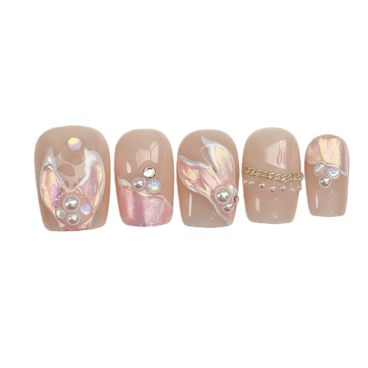 Set of five decorative nail wraps with various designs on a white background