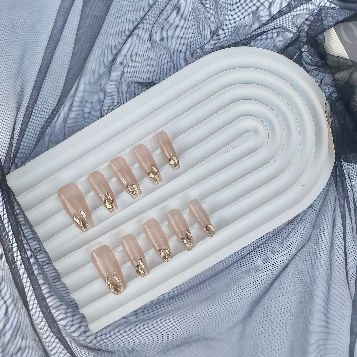 Nude Glitter Press On Nails with Metallic Accents | Elegant Long Coffin False Nails