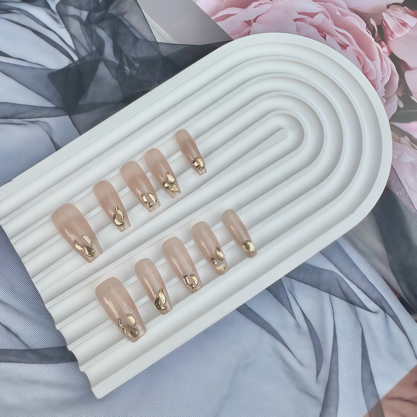Nude Glitter Press On Nails with Metallic Accents | Elegant Long Coffin False Nails