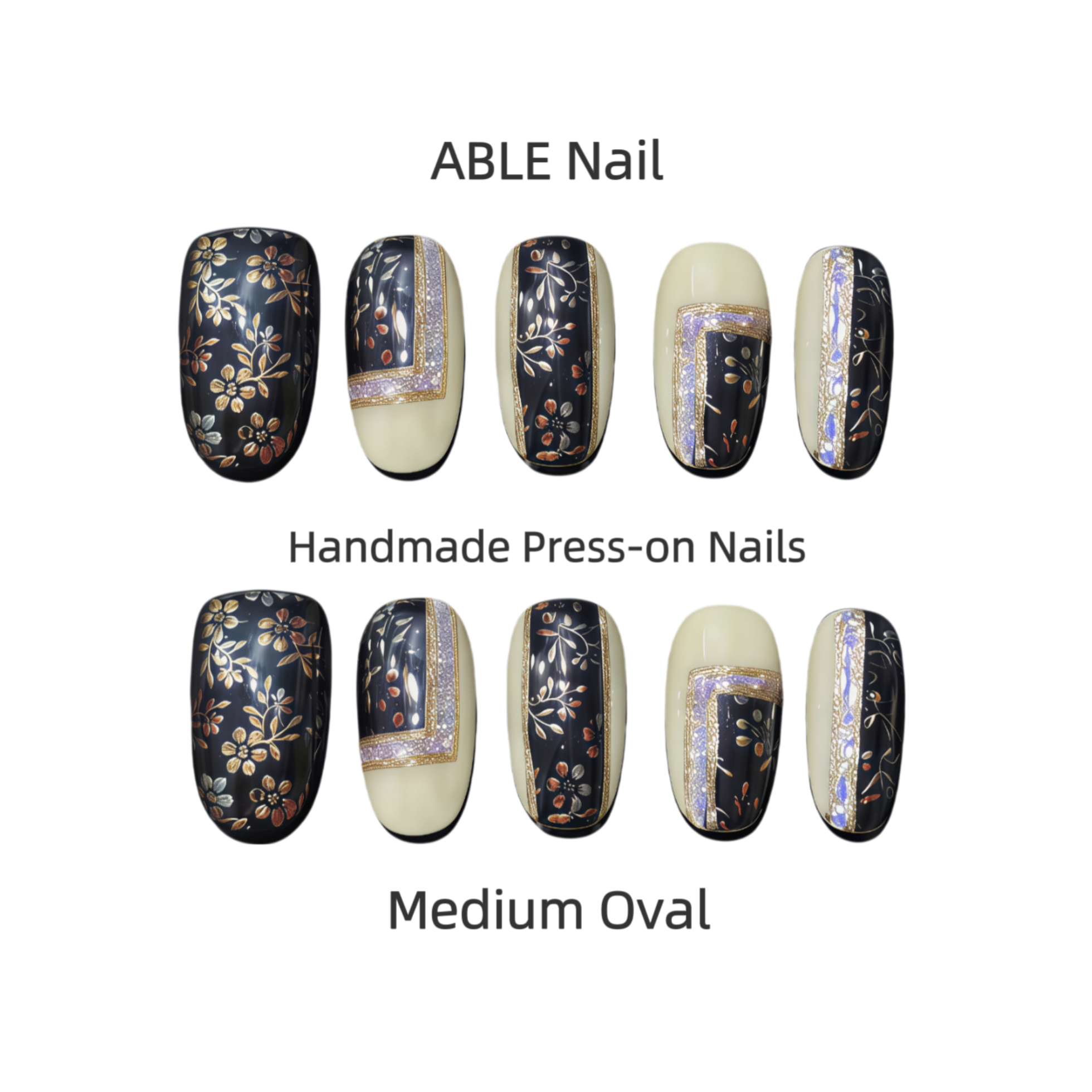 ABLE Nail handmade press-on nails with medium oval shape on a white background