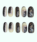 Set of nails with floral and geometric designs on a white background