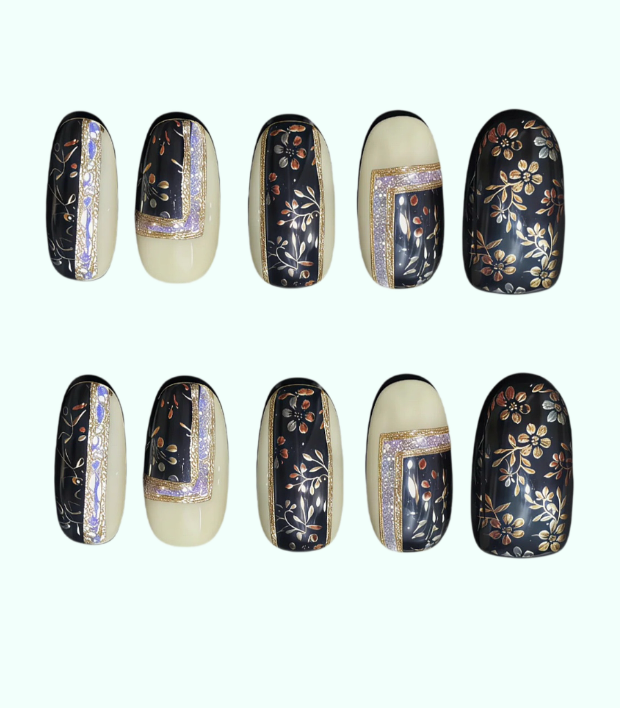 Set of nails with floral and geometric designs on a white background