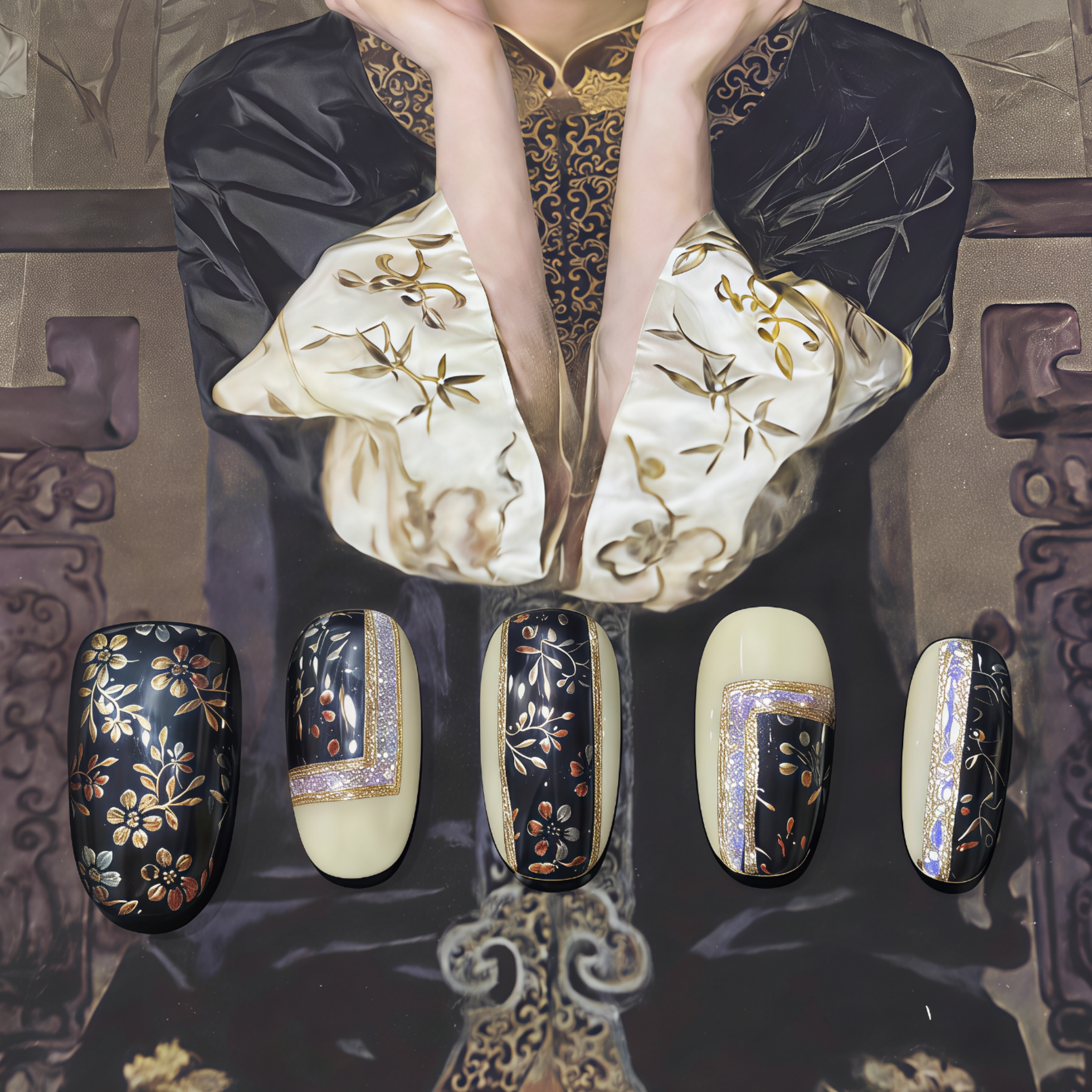 Decorative nail art with gold and black patterns on a reflective surface.