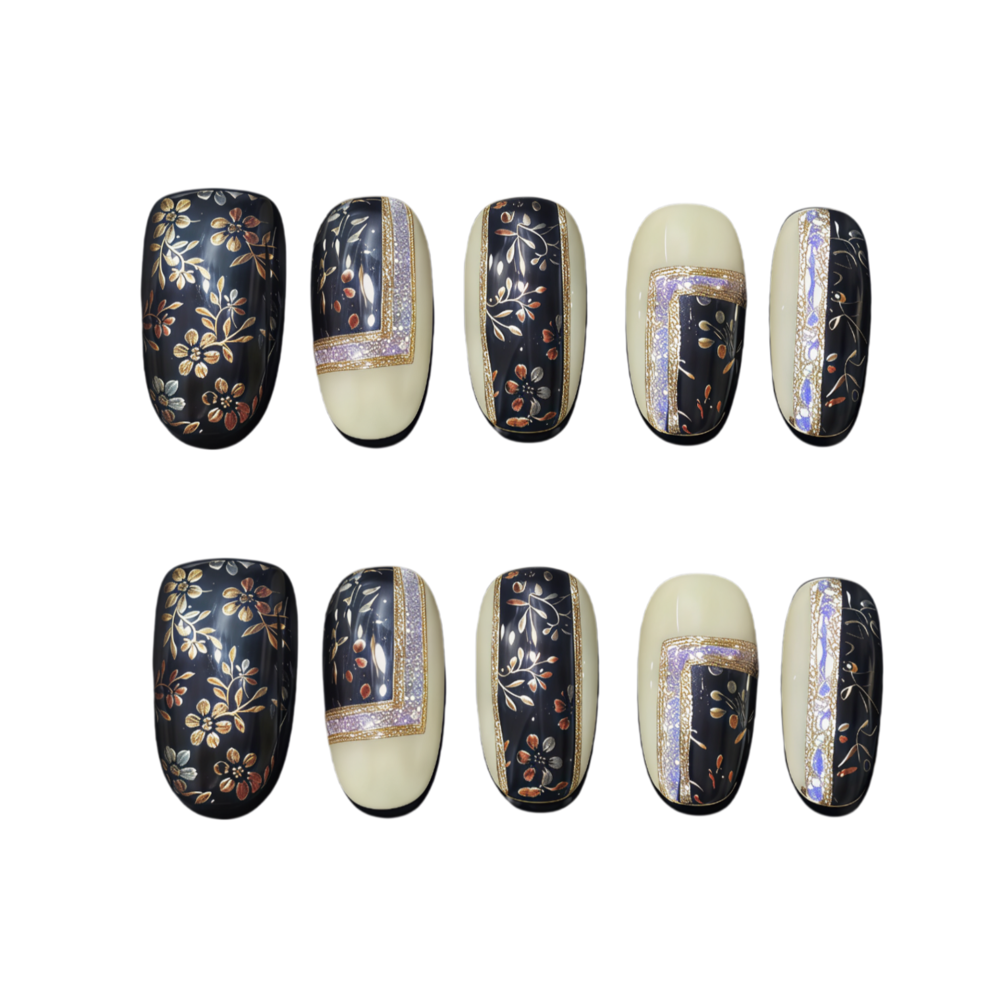 Set of nail art designs on a white background