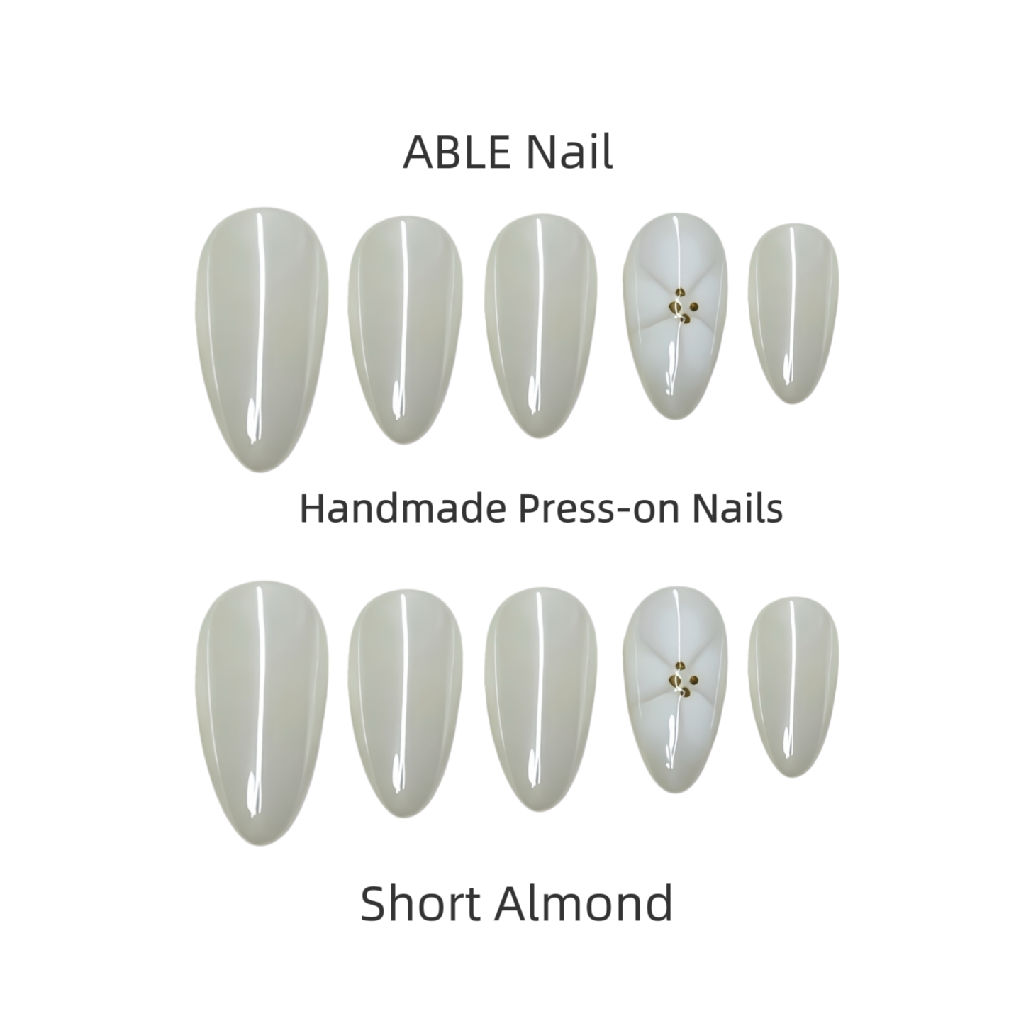 Collection of short almond-shaped press-on nails by ABLE Nail on a white background.