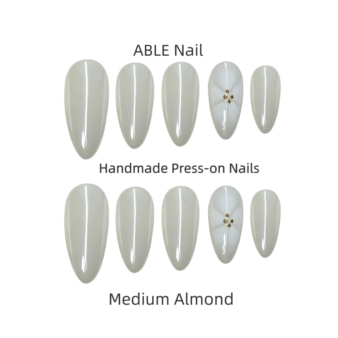 Set of ABLE Nail handmade press-on nails in medium almond shape on a white background.