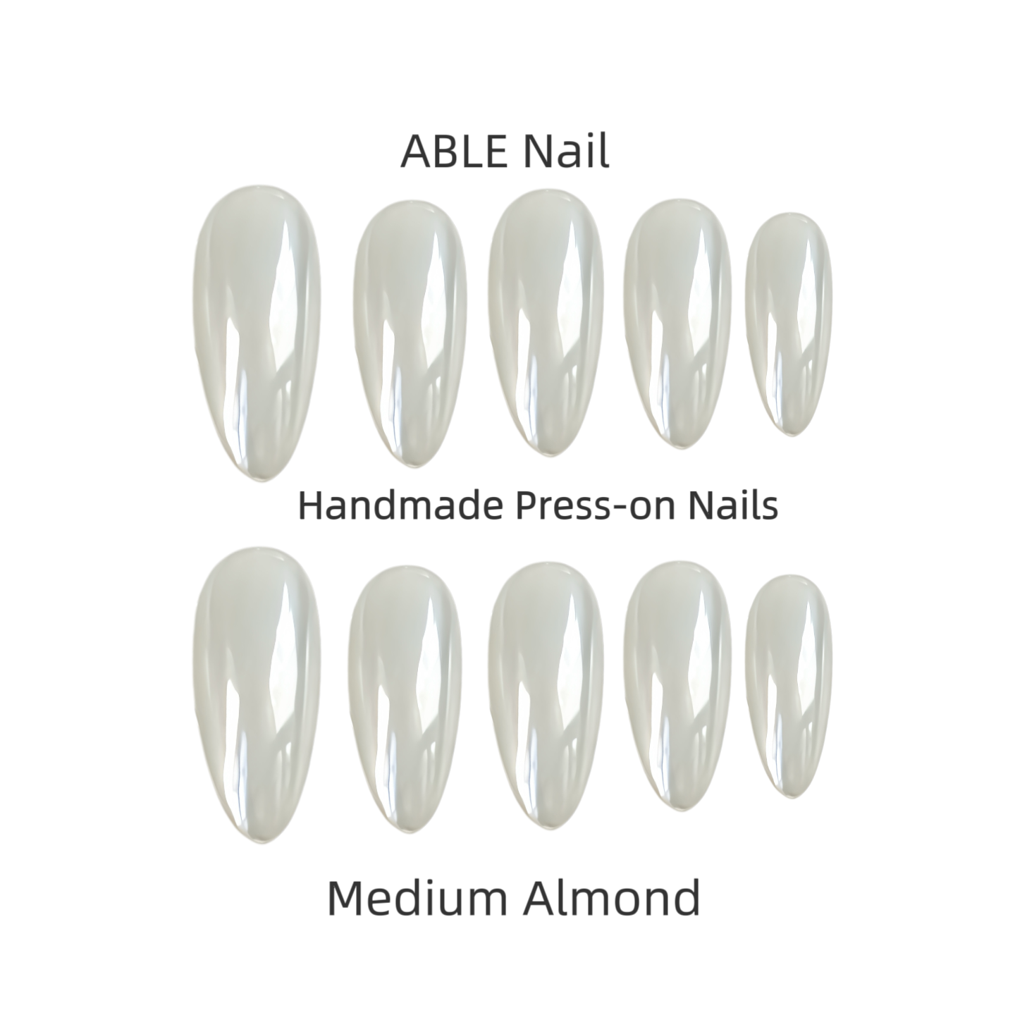 Set of ABLE Nail handmade press-on nails in medium almond color on a white background