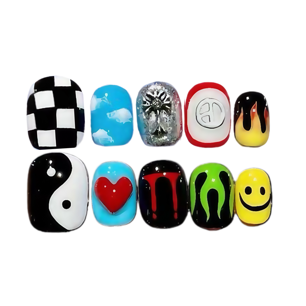 Set of colorful nail art designs on a white background