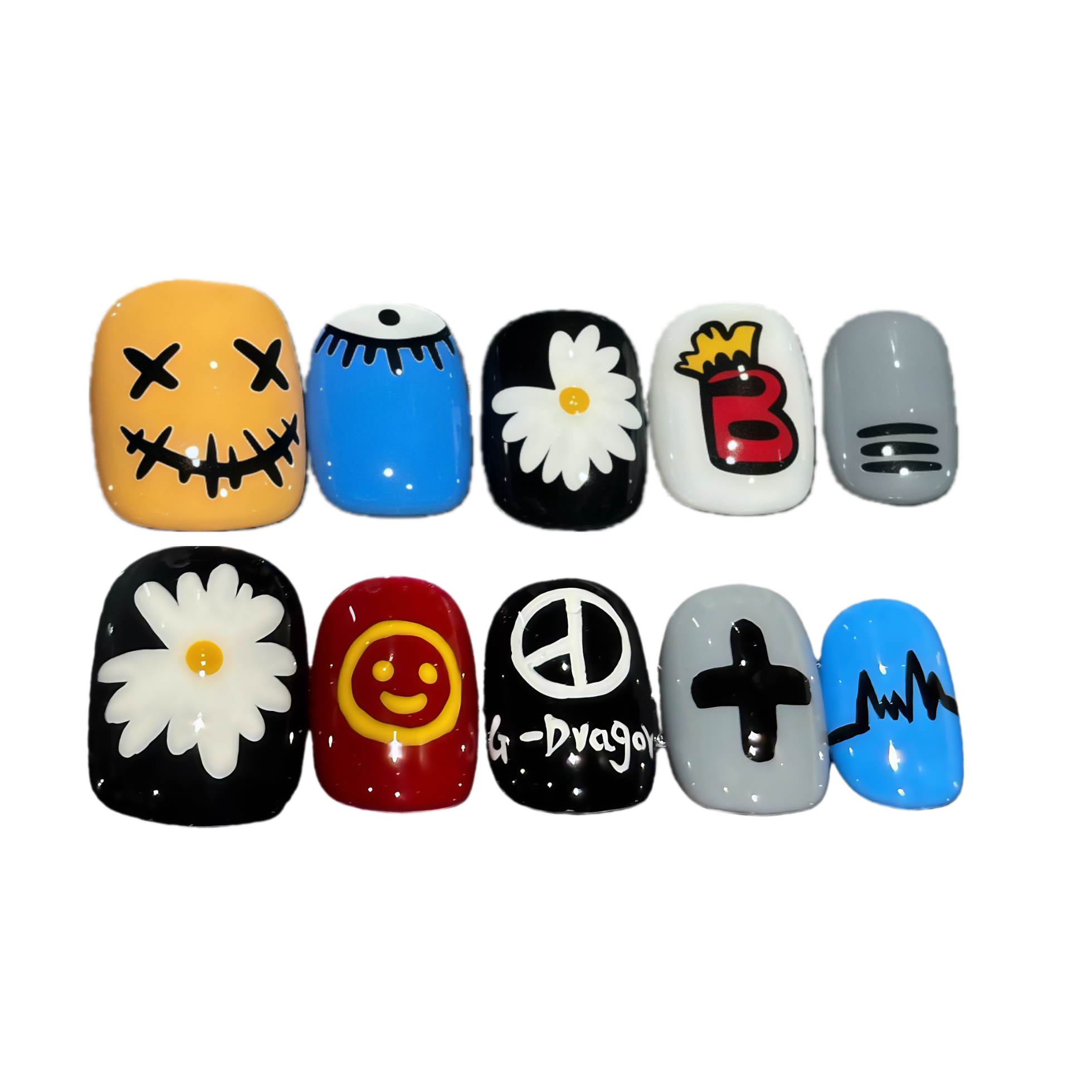 Set of nail art designs on a white background