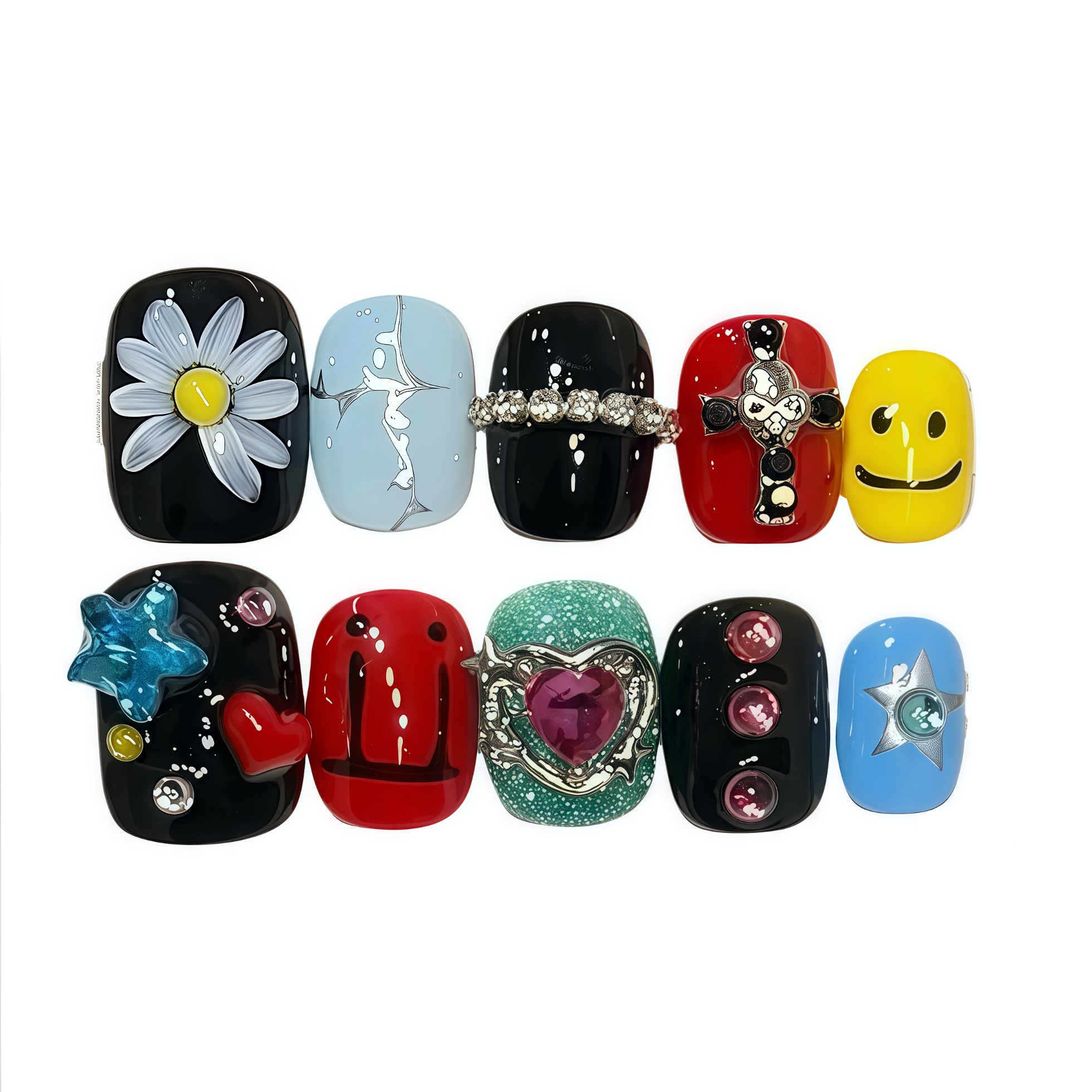 Set of colorful nail art designs on a white background