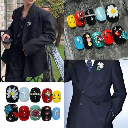 Person wearing a black coat with a floral pin, nail art display, and navy suit with a floral pin.