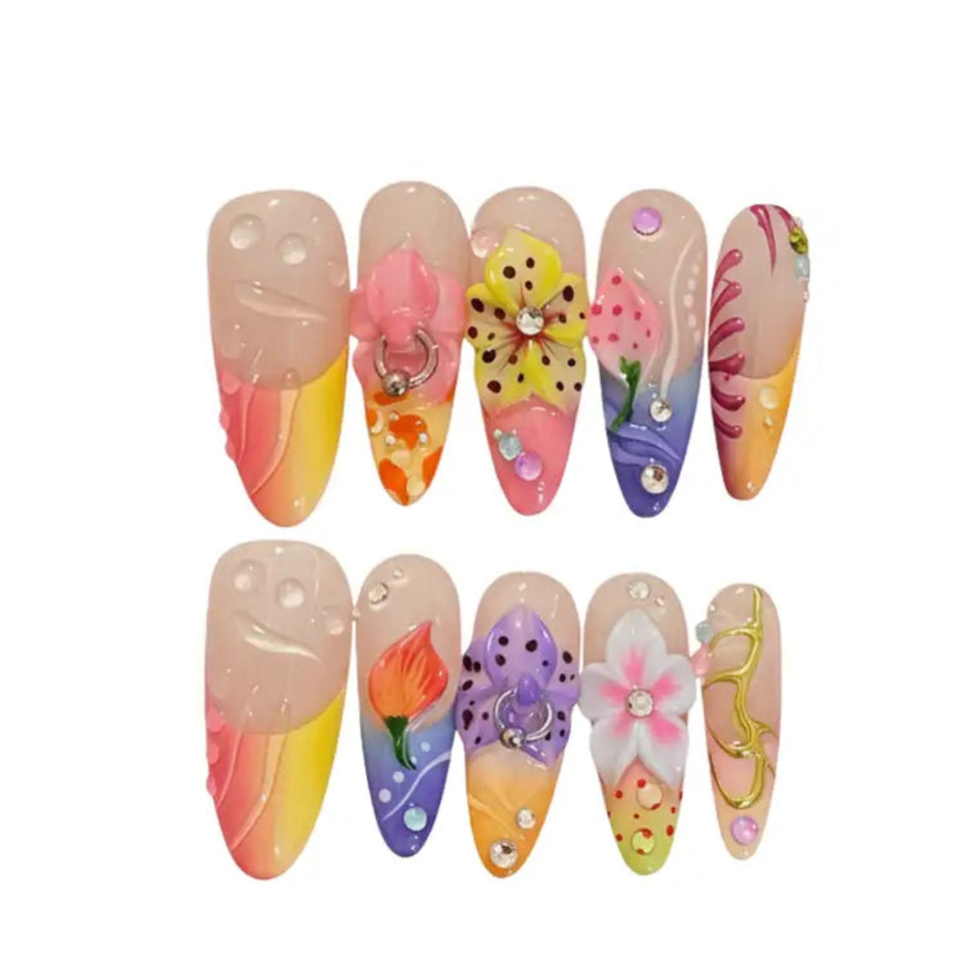 Set of colorful nail art designs on a white background