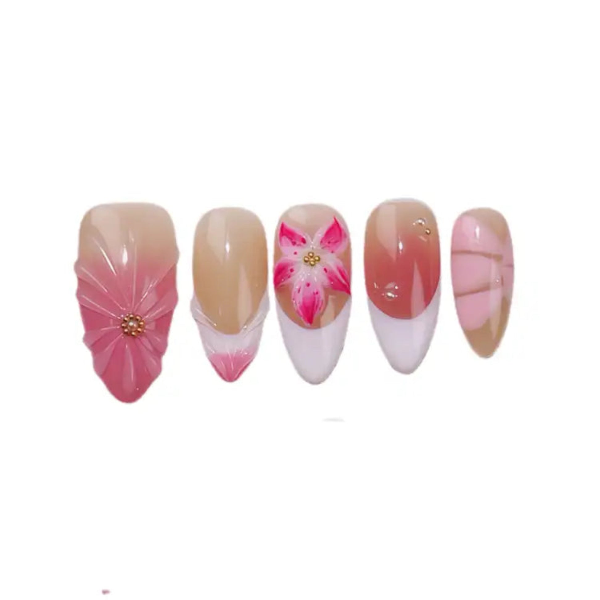 Set of five decorative nail art designs on a white background
