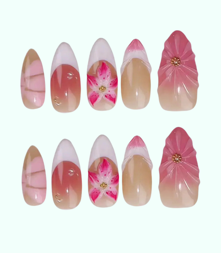 Set of nail art designs with pink and white patterns on a white background