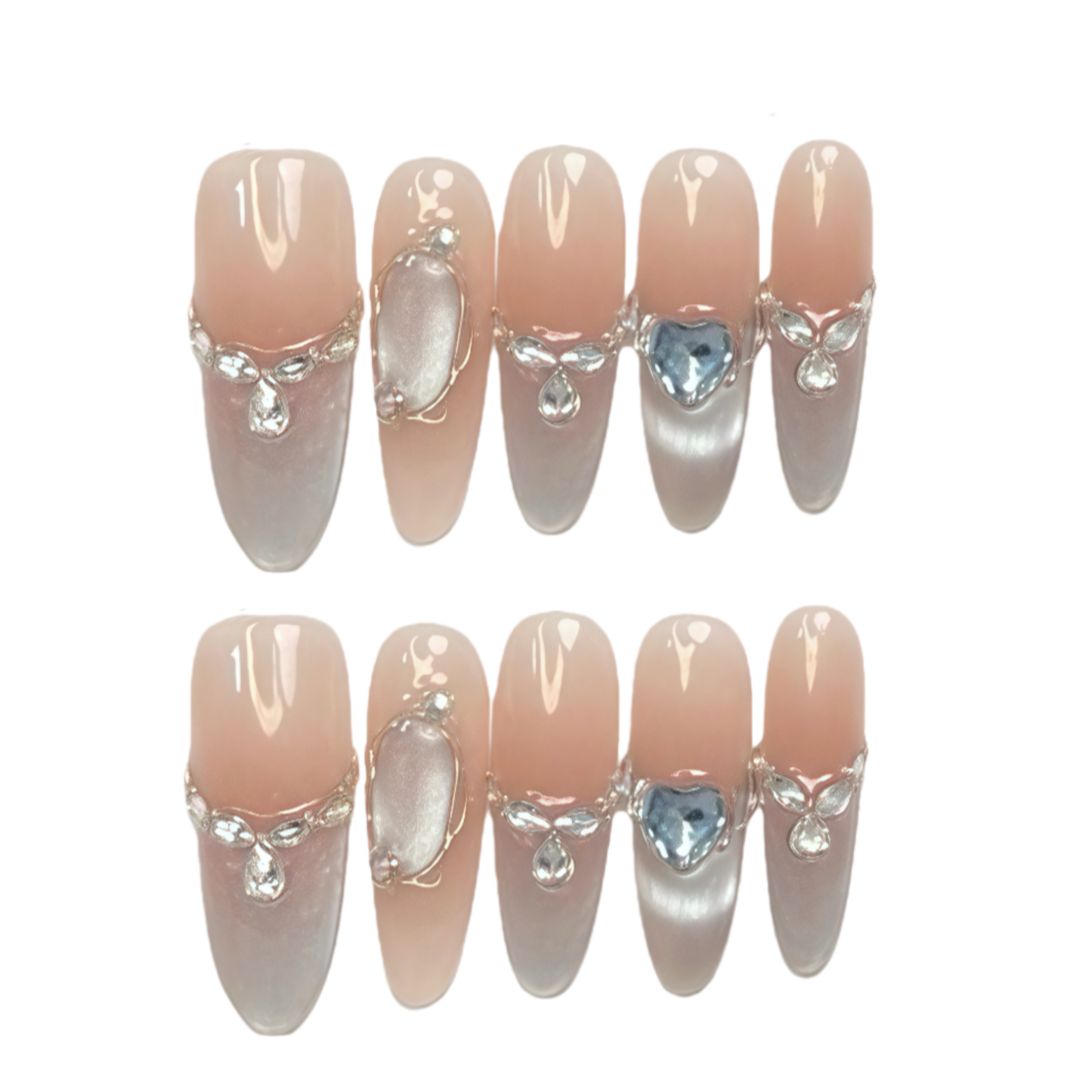 Set of decorative false nails with gemstones on a white background