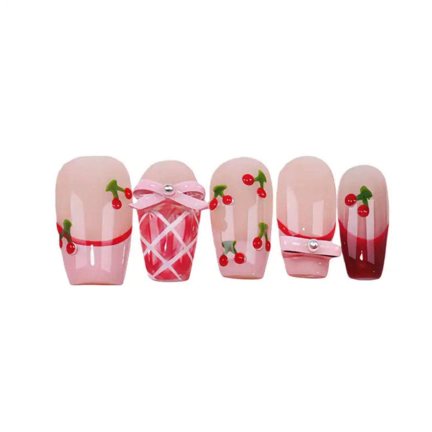 Set of decorative nail art with cherry designs on a white background