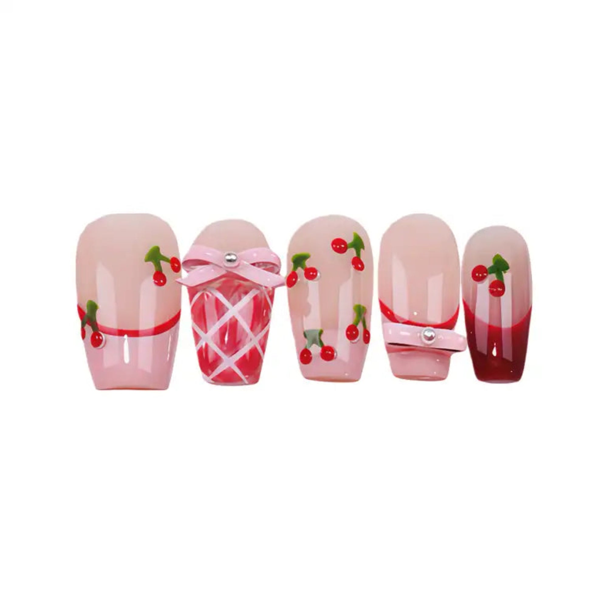 Set of decorative nail art with cherry designs on a white background