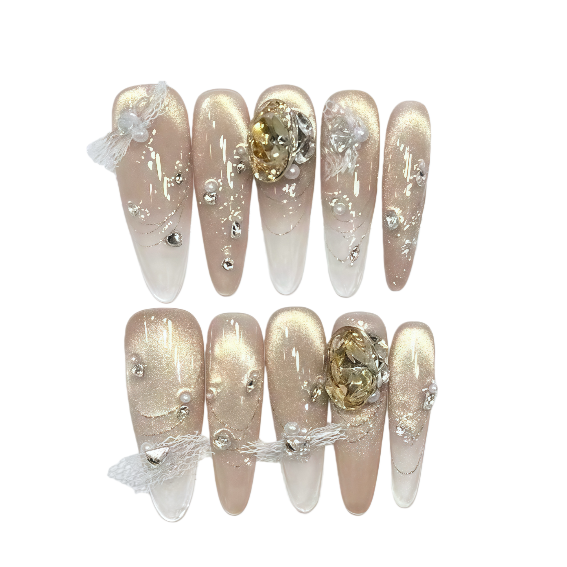 Set of decorative nails with pearls and crystals on a white background
