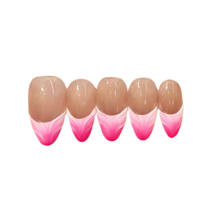 Set of five nail art designs with a gradient from beige to pink on a white background