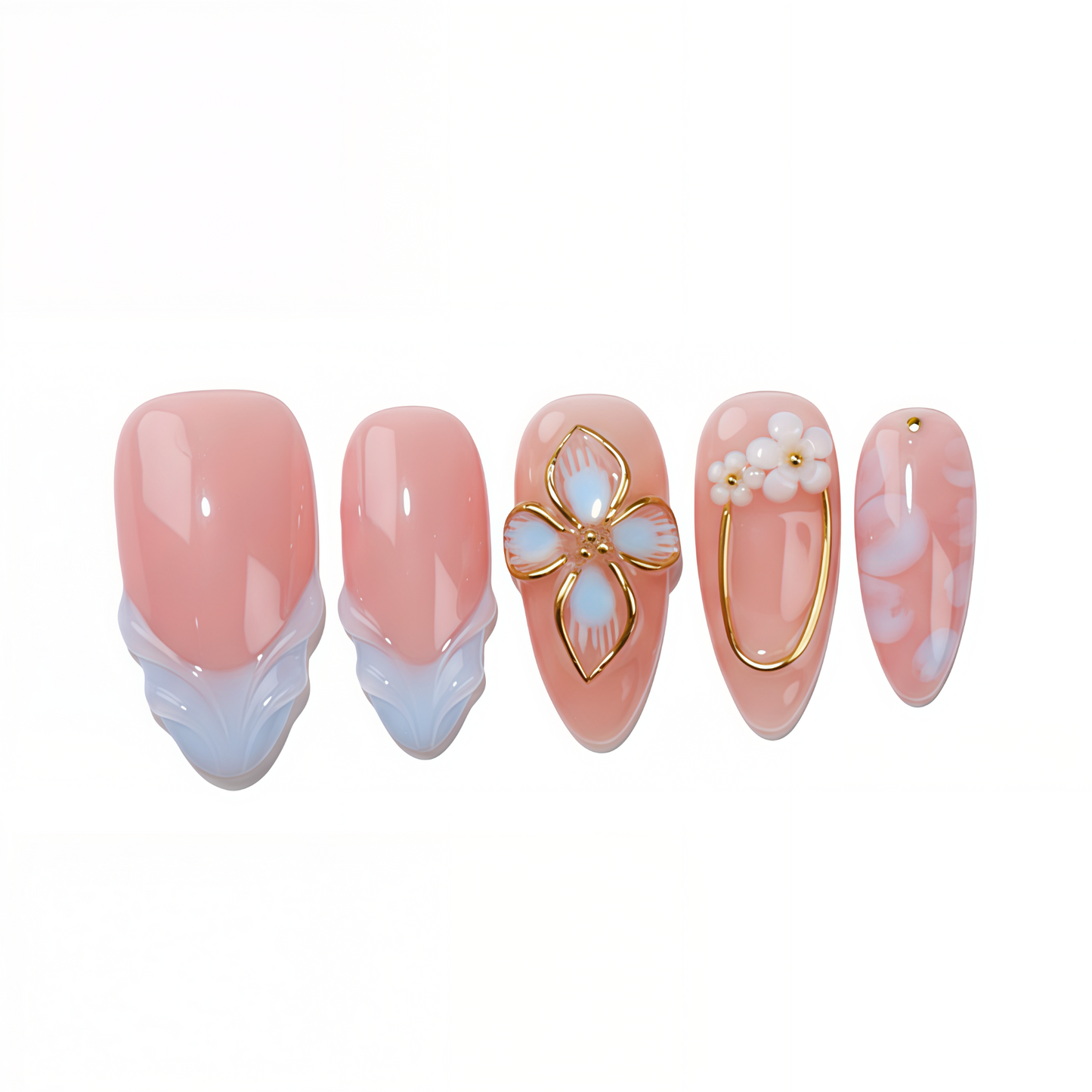 Set of pink and white nail art designs on a white background