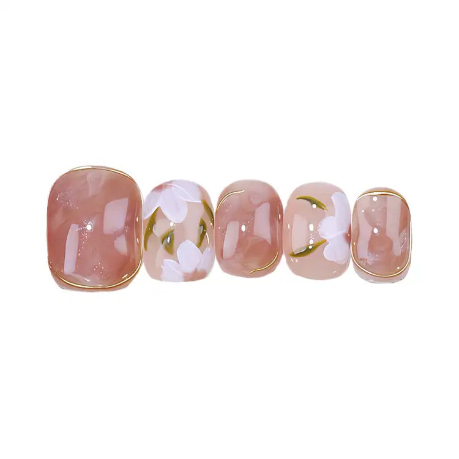 Set of five nail art designs with floral patterns on a white background