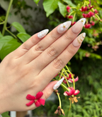 Hand with manicured nails holding a small red flower against a green leafy background