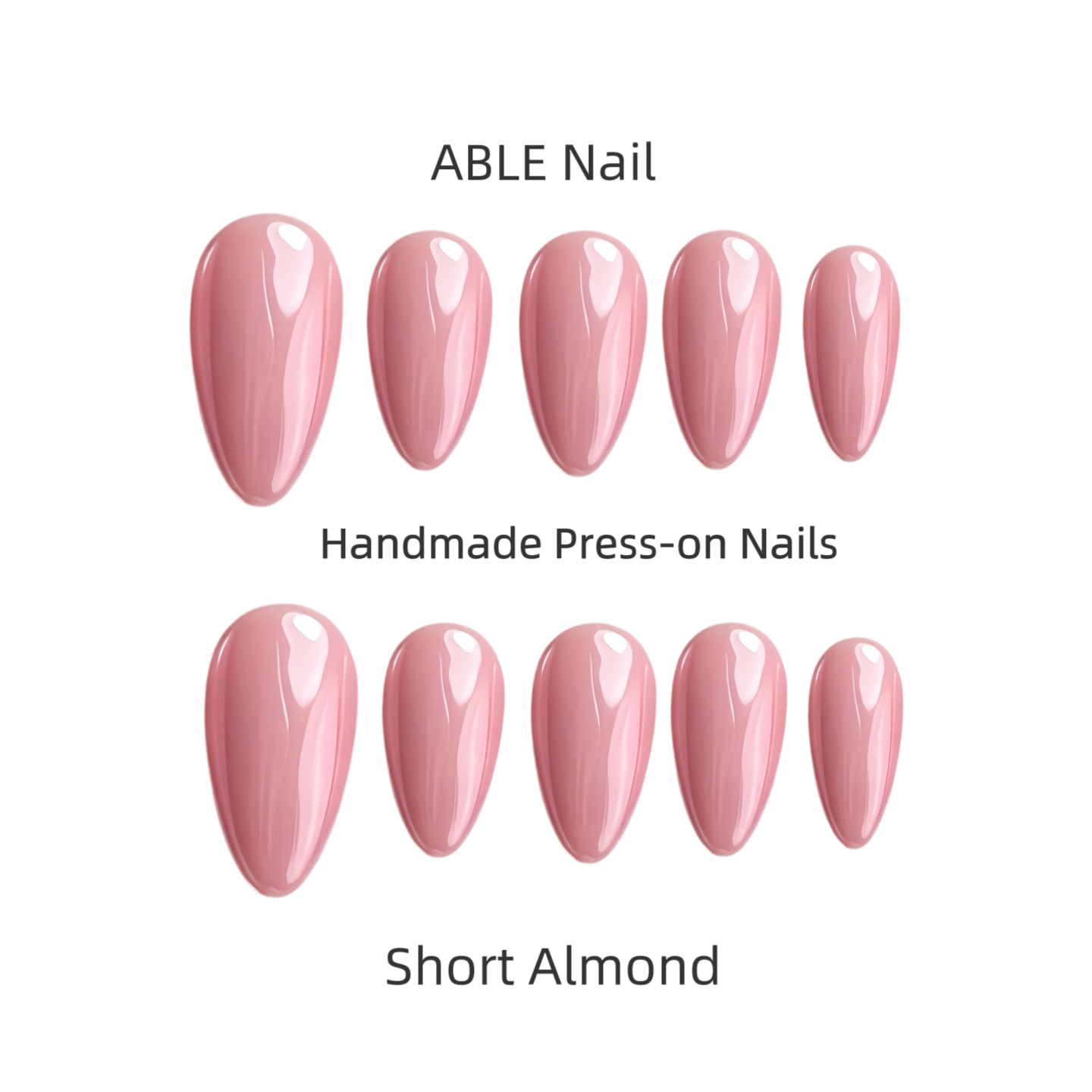Set of pink short almond-shaped press-on nails by ABLE Nail on a white background.