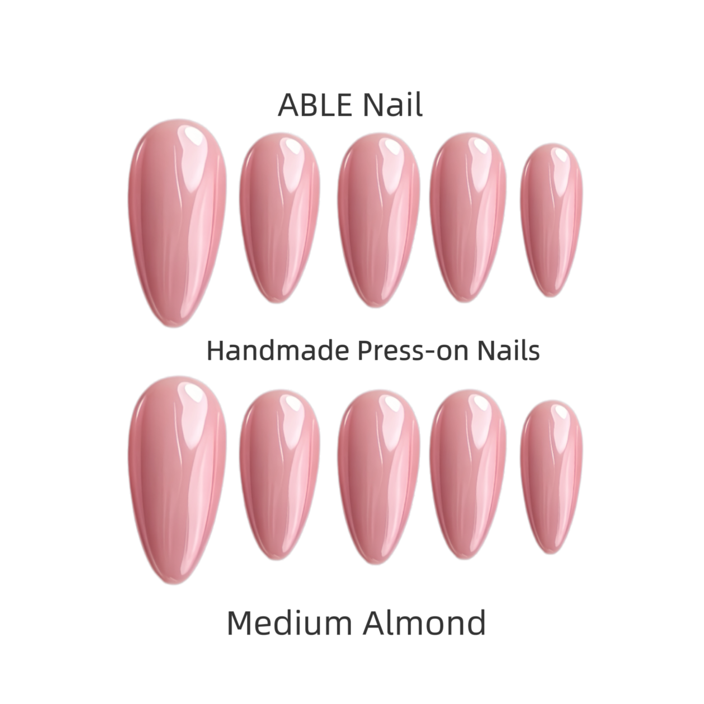Set of pink press-on nails labeled 'ABLE Nail' with 'Medium Almond' description on a white background.