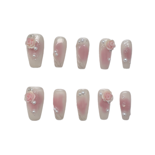 3D Rose Pearl Pink Ombre Press On Nails | Elegant Long Coffin False Nails for Wedding & Date