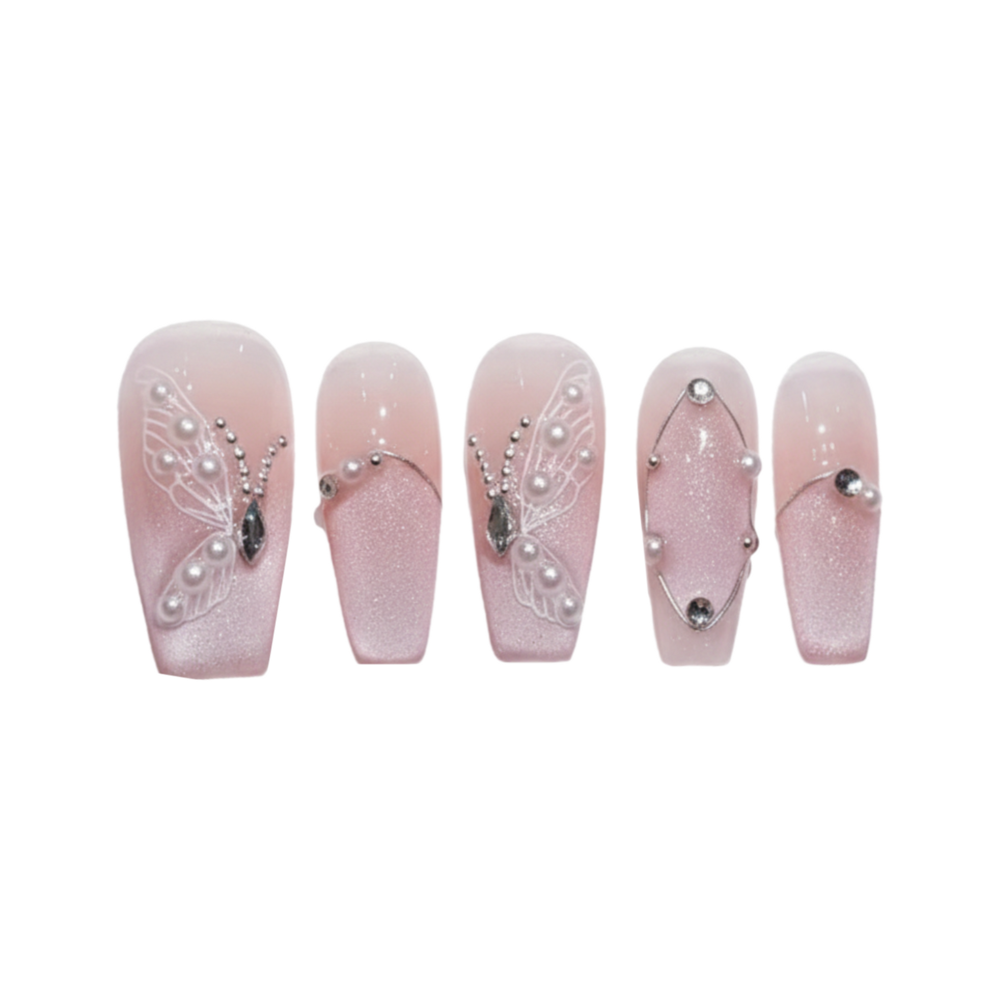 Set of pink nail art designs with decorative elements on a white background
