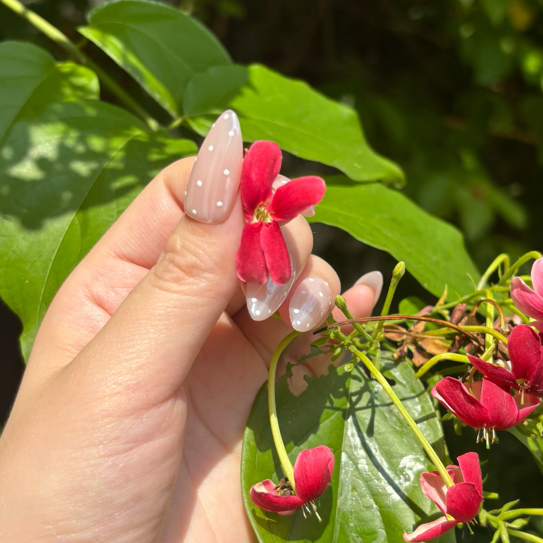 Hand with decorative nails holding a red flower against a green leafy background